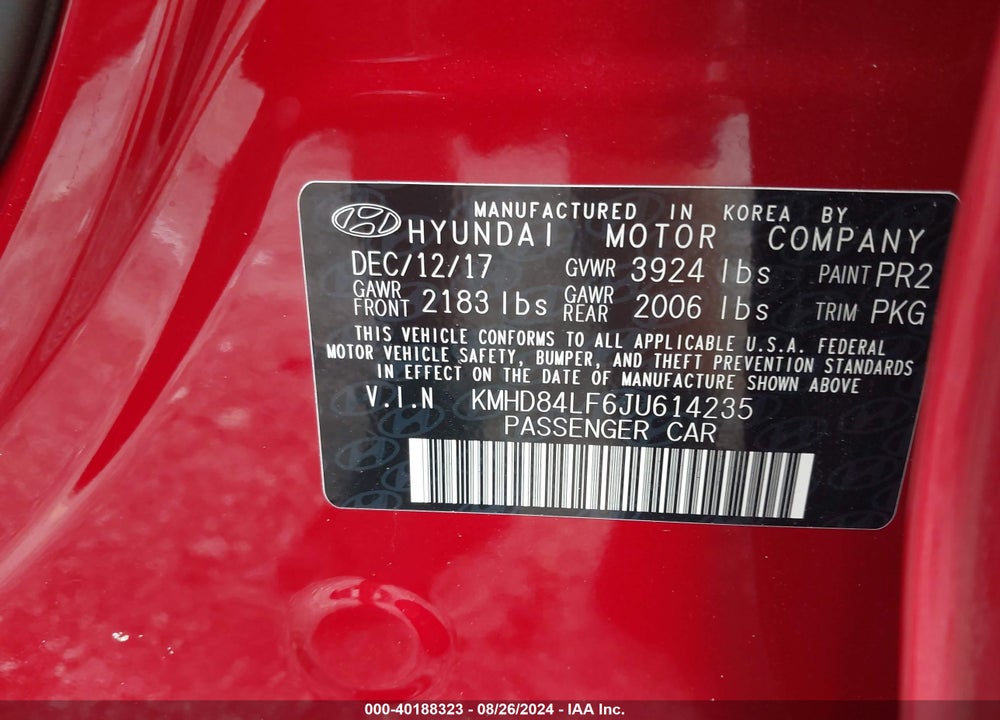2018 HYUNDAI ELANTRA SEL VIN: KMHD84LF6JU614235
