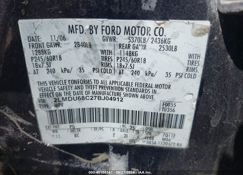 2007 LINCOLN MKX VIN: 2LMDU68C27BJ04912