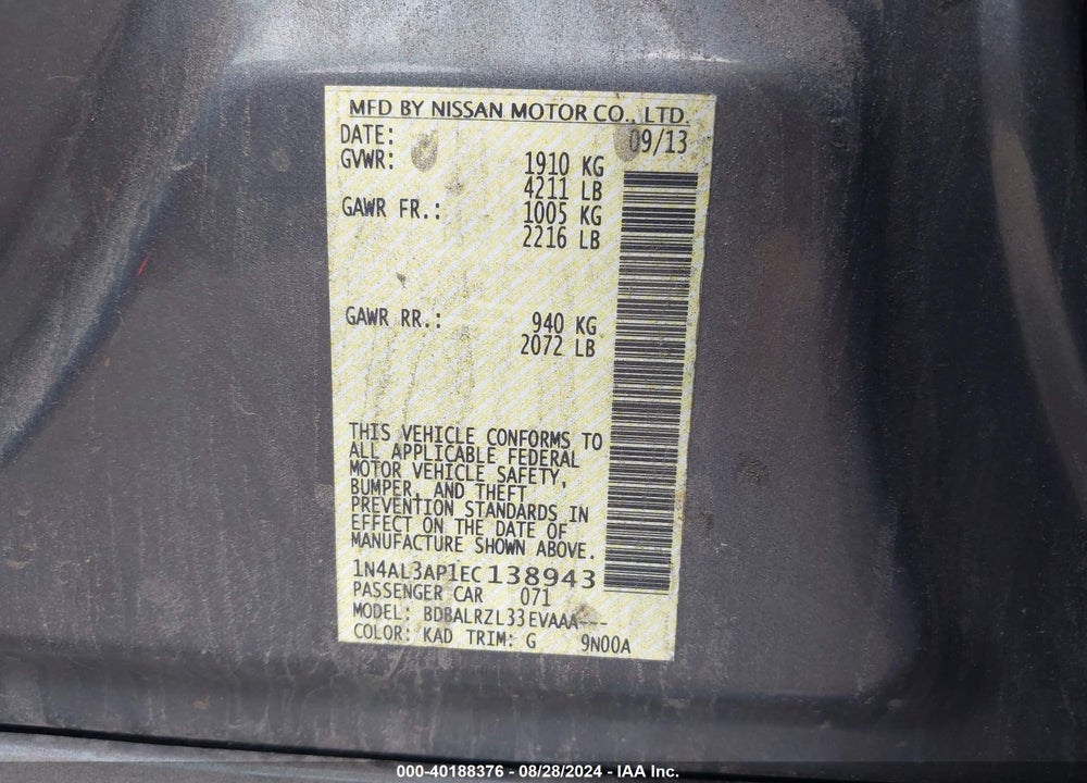 2014 NISSAN ALTIMA 2.5 S VIN: 1N4AL3AP1EC138943