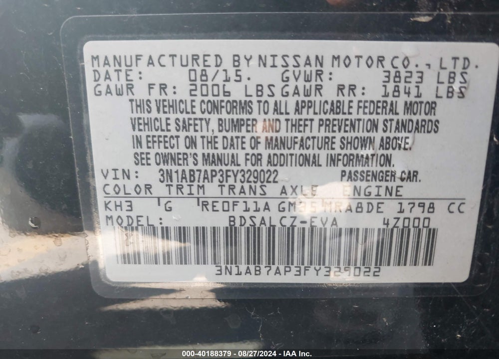 2015 NISSAN SENTRA VIN: 3N1AB7AP3FY329022