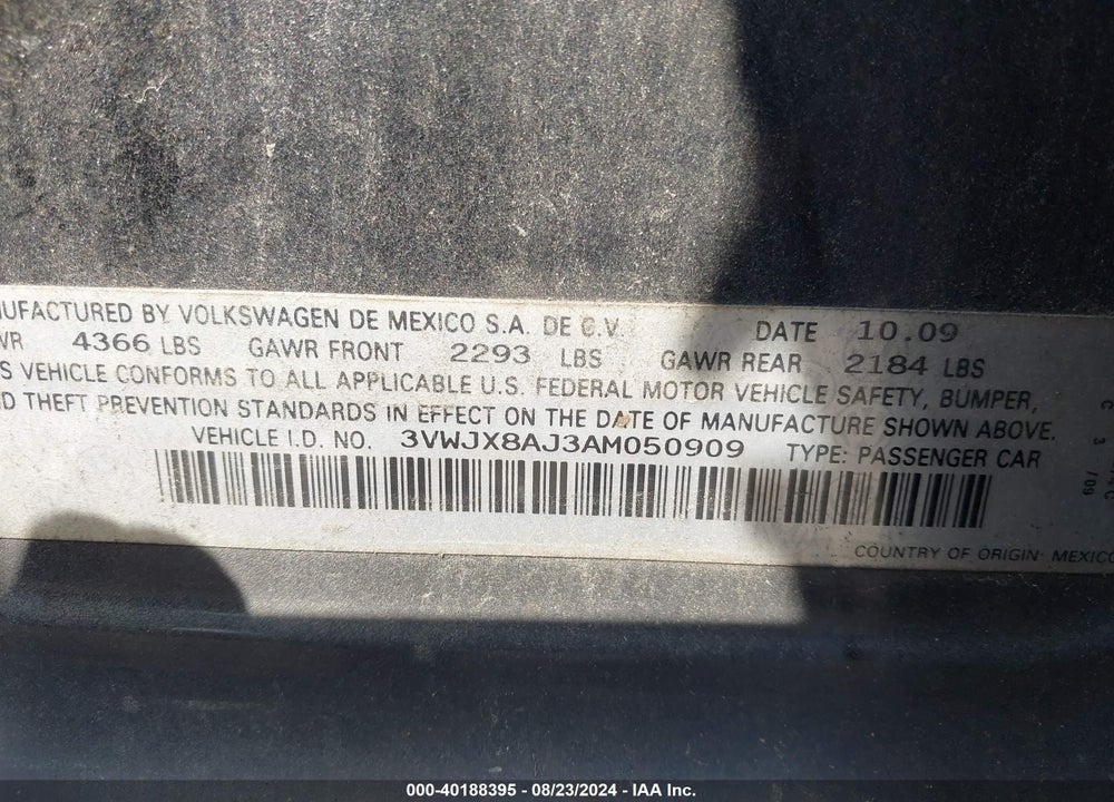 2010 VOLKSWAGEN JETTA S VIN: 3VWJX8AJ3AM050909