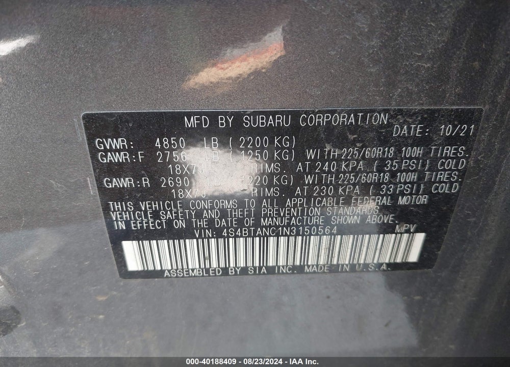 2022 SUBARU OUTBACK LIMITED VIN: 4S4BTANC1N3150564