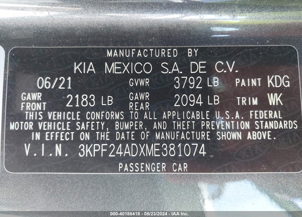 2021 KIA FORTE LXS VIN: 3KPF24ADXME381074