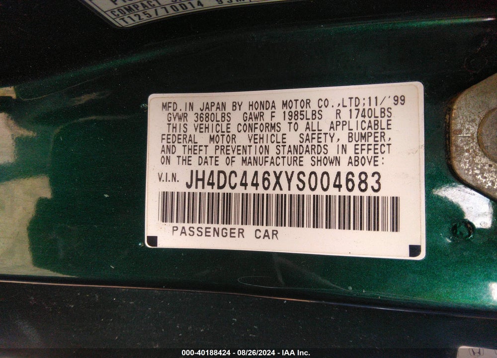 2000 ACURA INTEGRA GS VIN: JH4DC446XYS004683