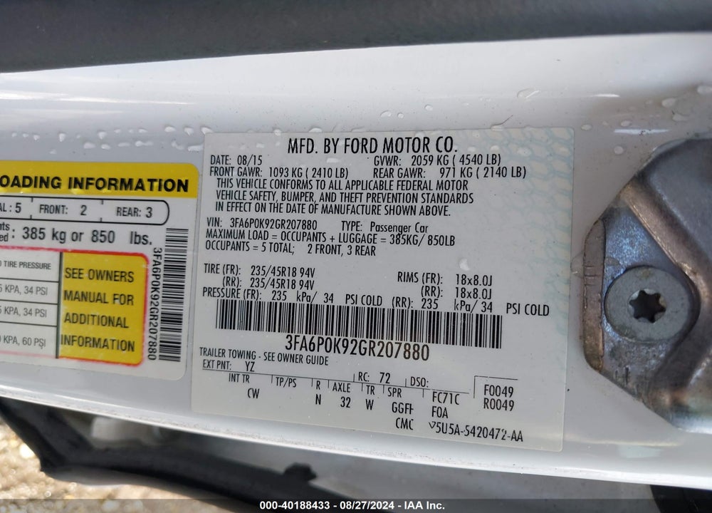 2016 FORD FUSION TITANIUM VIN: 3FA6P0K92GR207880