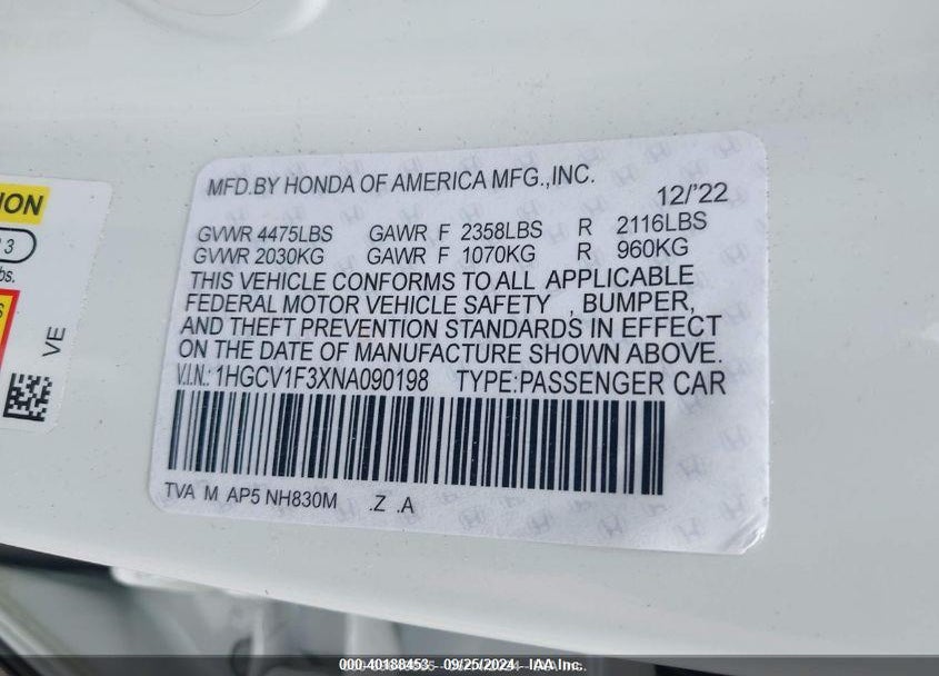 2021 HONDA ACCORD SPORT VIN: 1HGCV1F30MA084831