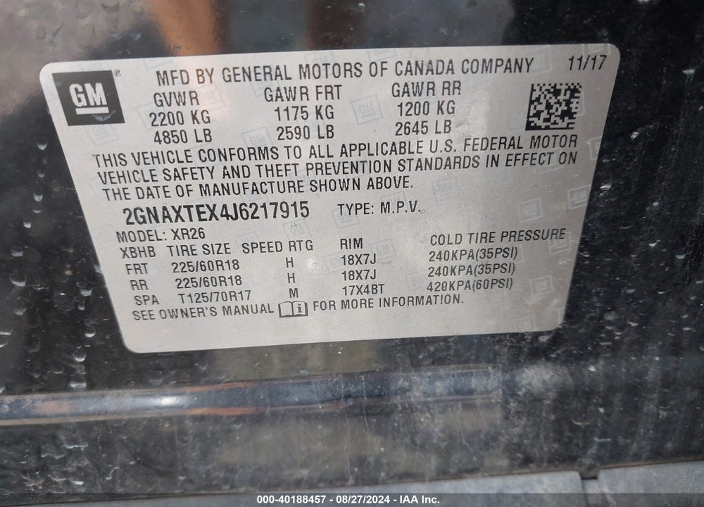 2018 CHEVROLET EQUINOX LT VIN: 2GNAXTEX4J6217915
