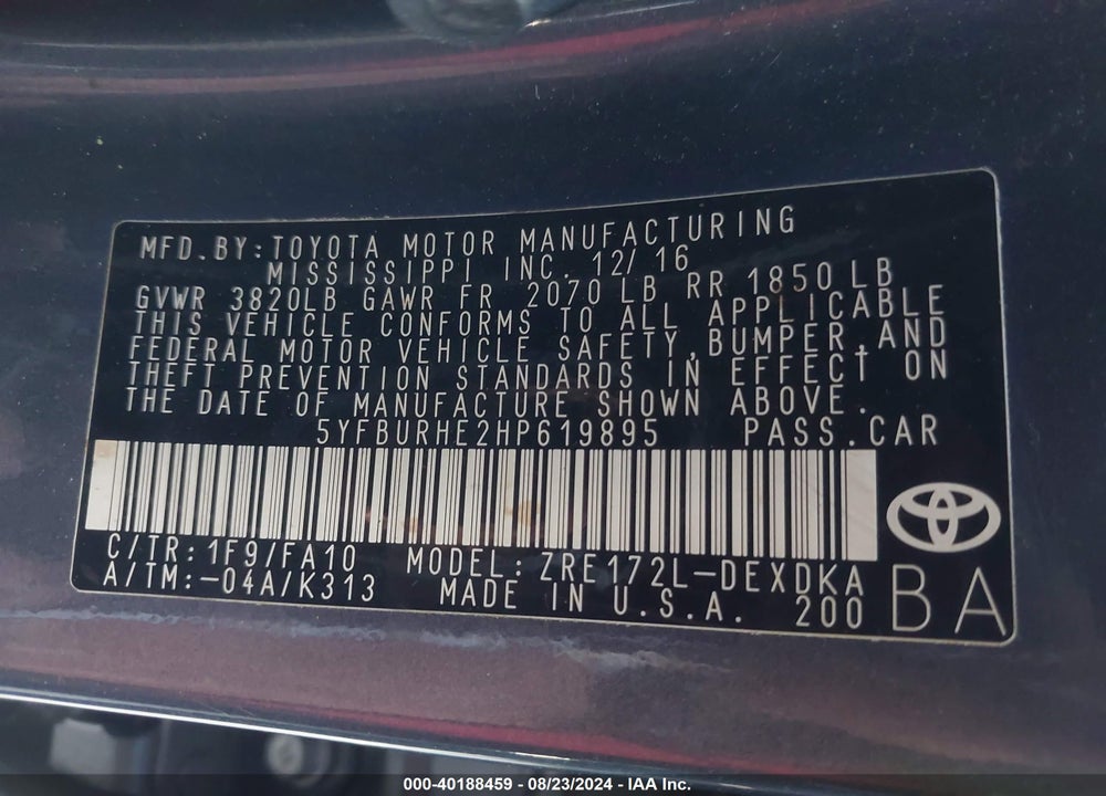 2017 TOYOTA COROLLA L VIN: 5YFBURHE2HP619895