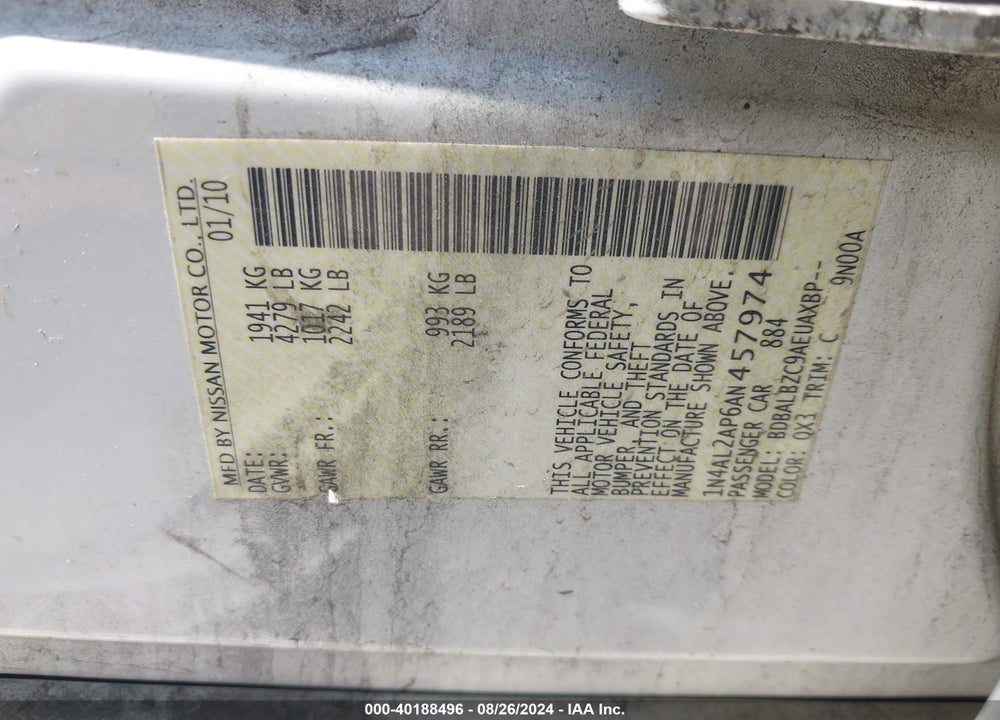 2010 NISSAN ALTIMA 2.5 S VIN: 1N4AL2AP6AN457974