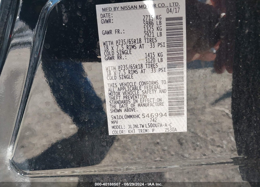 2017 INFINITI QX60 VIN: 5N1DL0MMXHC546994