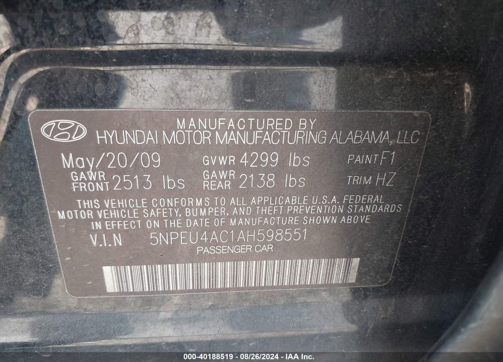 2010 HYUNDAI SONATA SE VIN: 5NPEU4AC1AH598551
