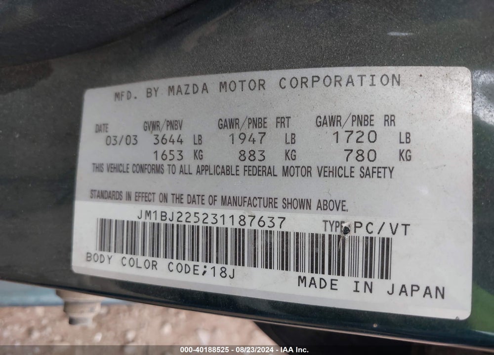 2003 MAZDA PROTEGE DX/ES/LX VIN: JM1BJ225231187637