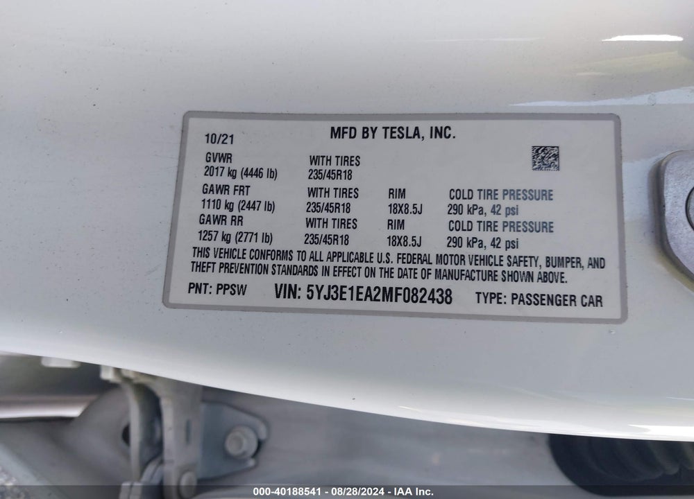 2021 TESLA MODEL 3 STANDARD RANGE PLUS REAR-WHEEL DRIVE VIN: 5YJ3E1EA2MF082438