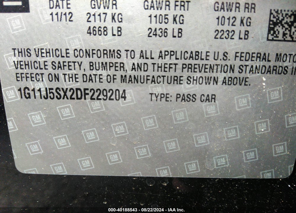 2013 CHEVROLET MALIBU 2LZ VIN: 1G11J5SX2DF229204