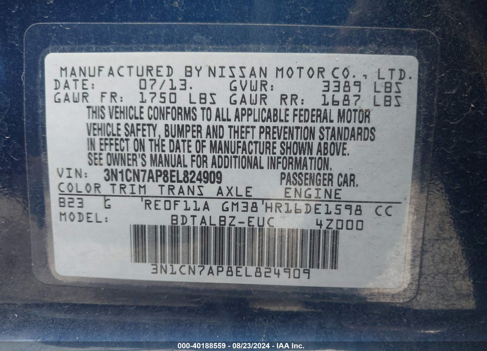 2014 NISSAN VERSA VIN: 3N1CN7AP8EL824909