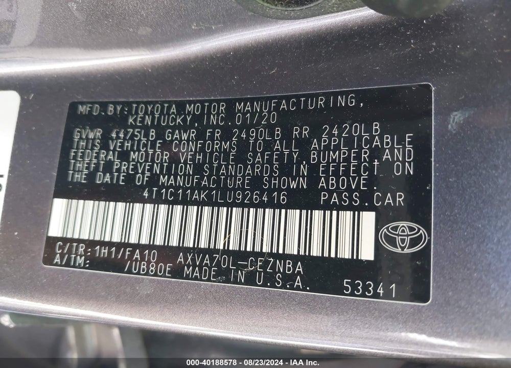 2020 TOYOTA CAMRY LE VIN: 4T1C11AK1LU926416