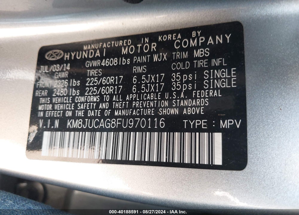2015 HYUNDAI TUCSON SE VIN: KM8JUCAG8FU970116