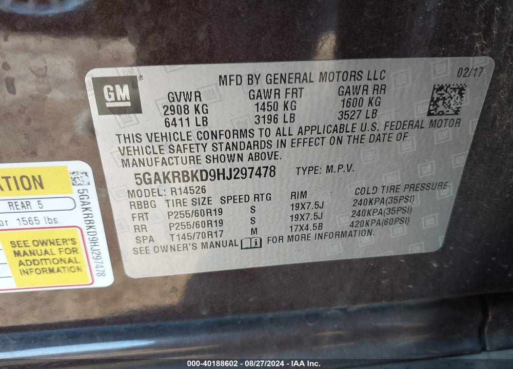 2017 BUICK ENCLAVE LEATHER VIN: 5GAKRBKD9HJ297478