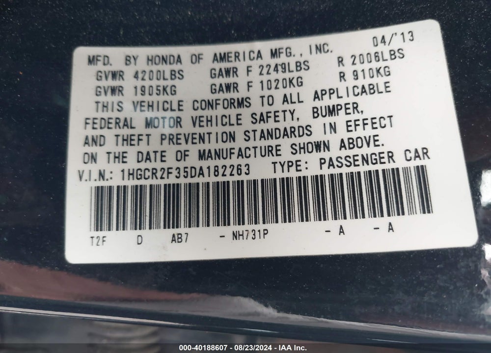 2013 HONDA ACCORD LX VIN: 1HGCR2F35DA182263
