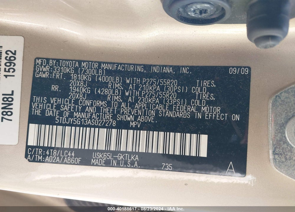 2010 TOYOTA SEQUOIA LIMITED 5.7L V8 VIN: 5TDJY5G13AS027278