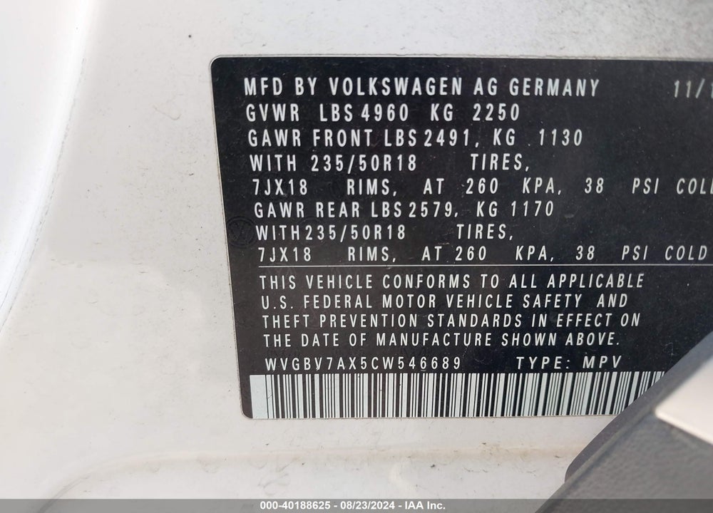 2012 VOLKSWAGEN TIGUAN SE VIN: WVGBV7AX5CW546689