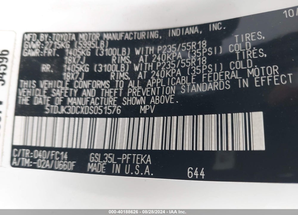 2013 TOYOTA SIENNA LE 7 PASSENGER VIN: 5TDJK3DCXDS051576