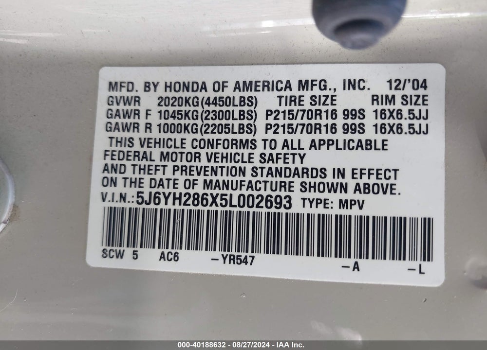 2005 HONDA ELEMENT VIN: 5J6YH286X5L002693
