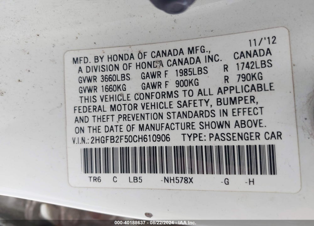 2012 HONDA CIVIC LX VIN: 2HGFB2F50CH610906