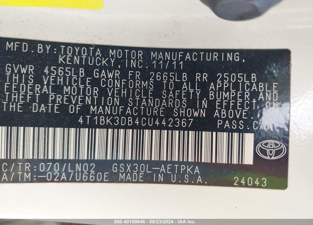 2012 TOYOTA AVALON LIMITED VIN: 4T1BK3DB4CU442367
