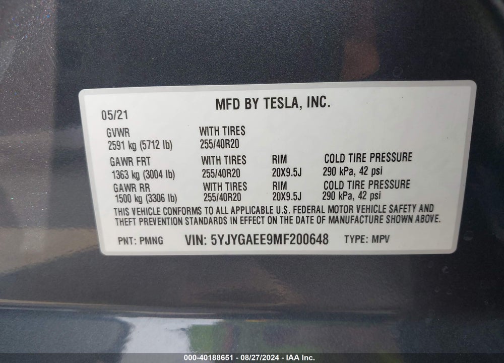 2021 TESLA MODEL Y LONG RANGE DUAL MOTOR ALL-WHEEL DRIVE VIN: 5YJYGAEE9MF200648