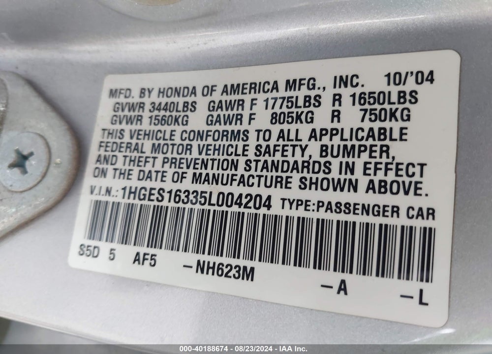 2005 HONDA CIVIC VP VIN: 1HGES16335L004204