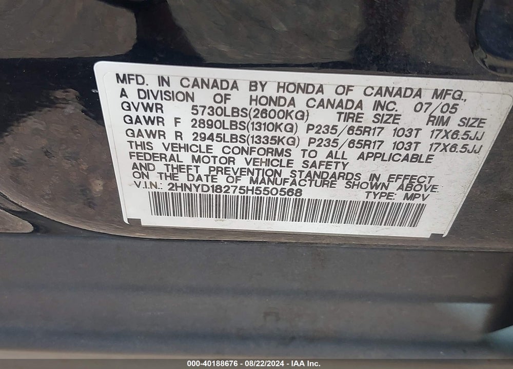 2005 ACURA MDX VIN: 2HNYD18275H550568