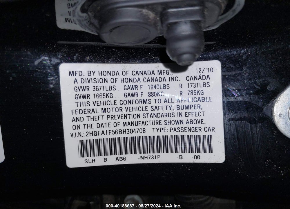 2011 HONDA CIVIC LX VIN: 2HGFA1F56BH304708