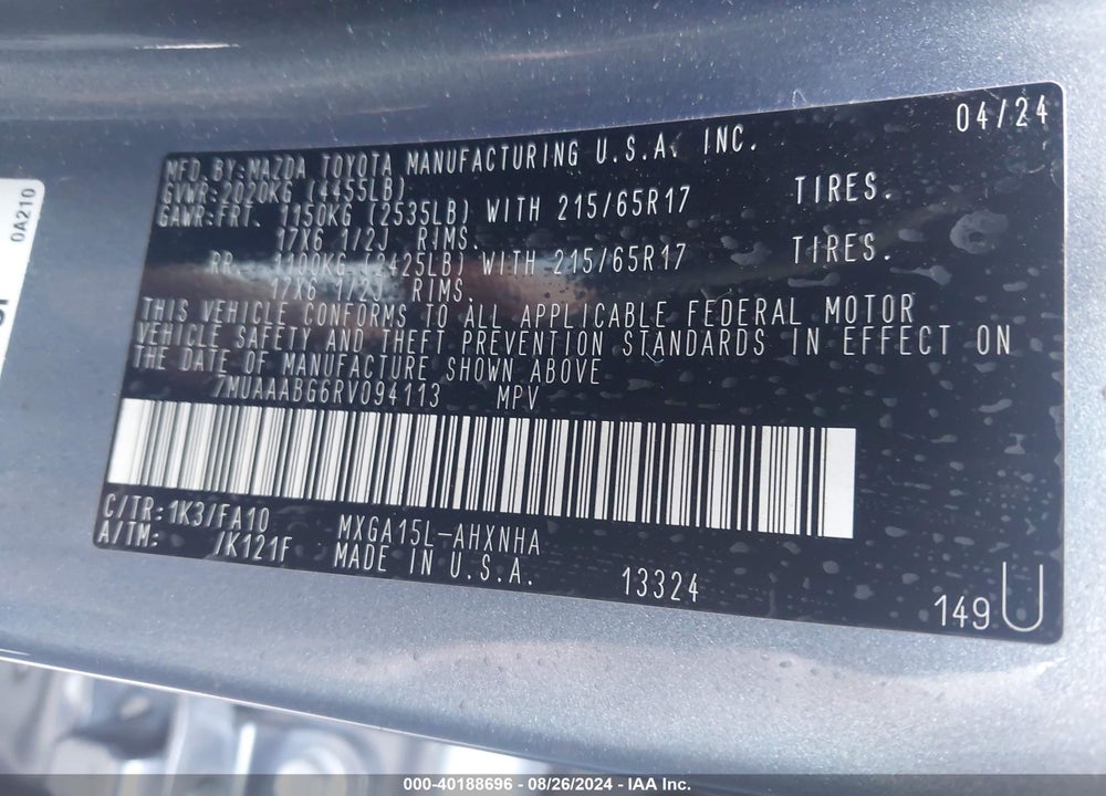 2024 TOYOTA COROLLA CROSS L VIN: 7MUAAABG6RV094113