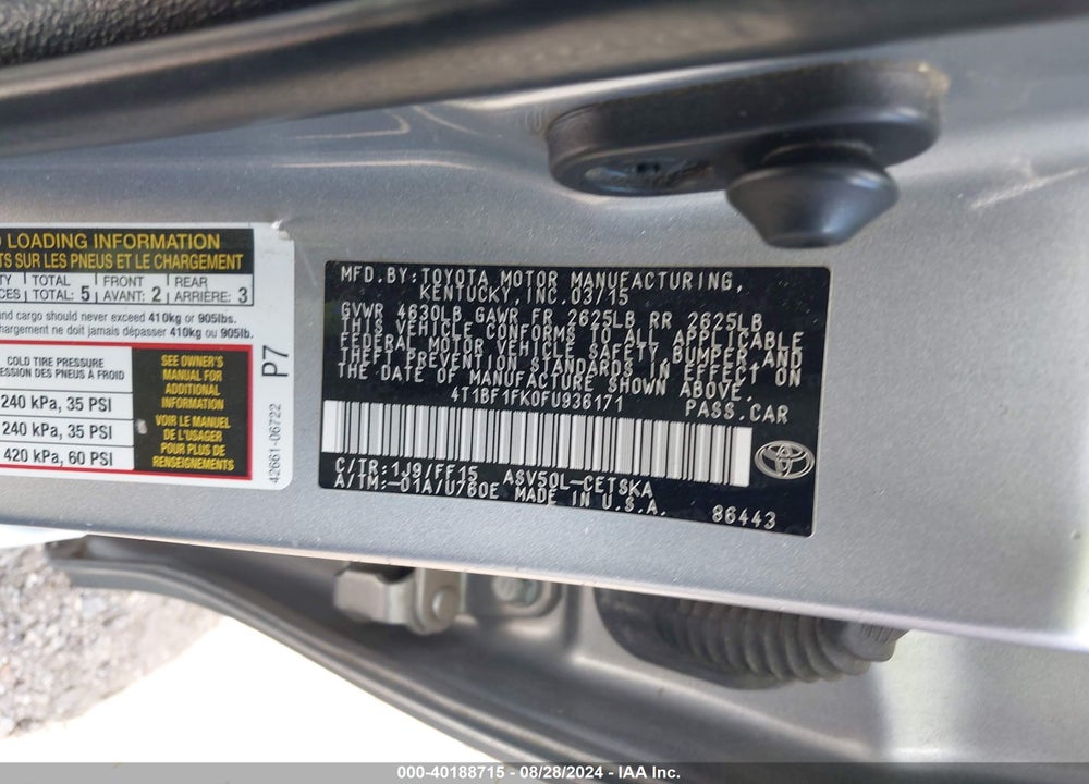2015 TOYOTA CAMRY SE VIN: 4T1BF1FK0FU936171