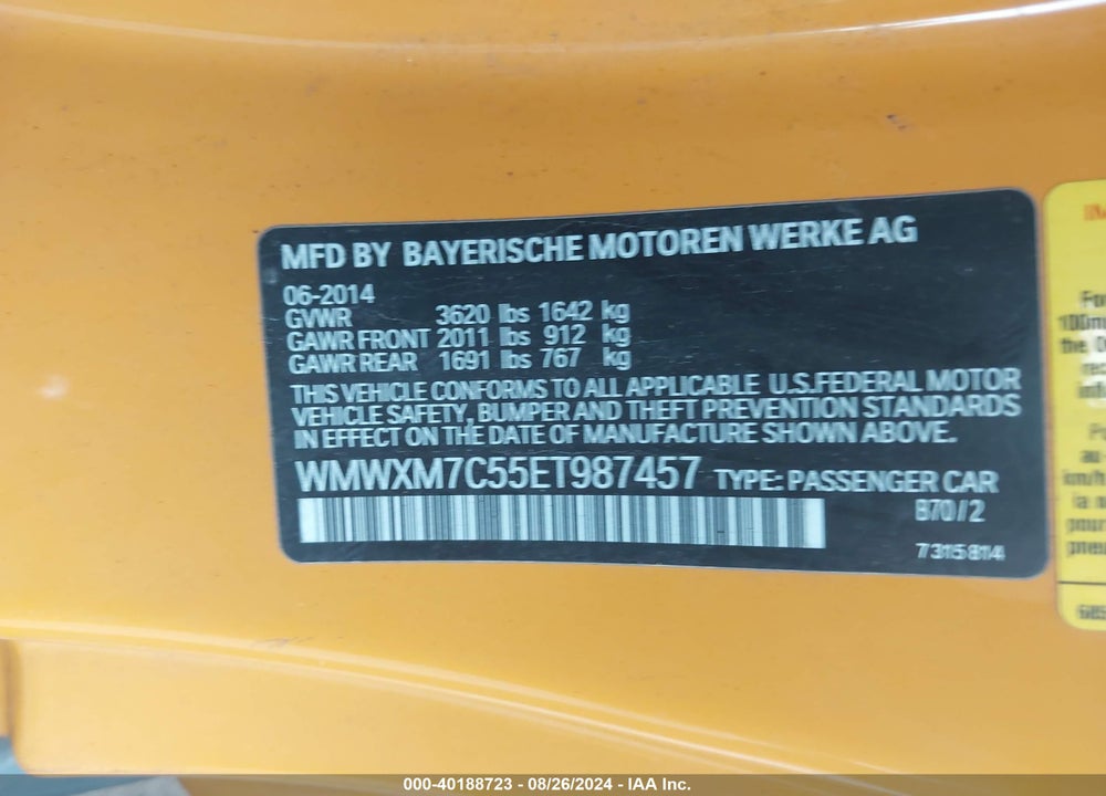 2014 MINI HARDTOP COOPER S VIN: WMWXM7C55ET987457