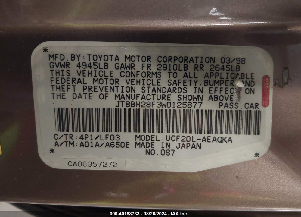 1998 LEXUS LS 400 VIN: JT8BH28F3W0125877