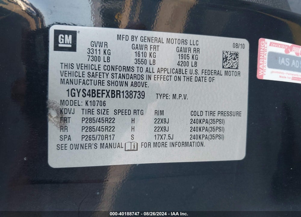 2011 CADILLAC ESCALADE LUXURY VIN: 1GYS4BEFXBR138739