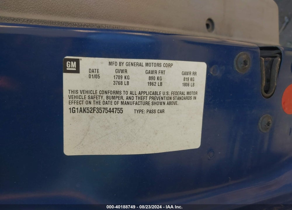 2005 CHEVROLET COBALT VIN: 1G1AK52F357544755