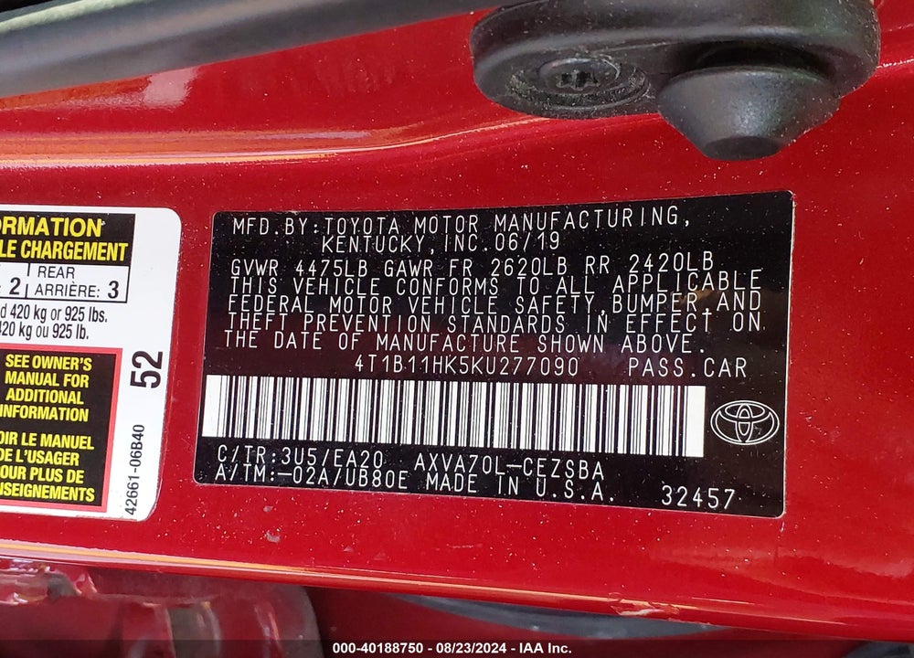 2019 TOYOTA CAMRY SE VIN: 4T1B11HK5KU277090
