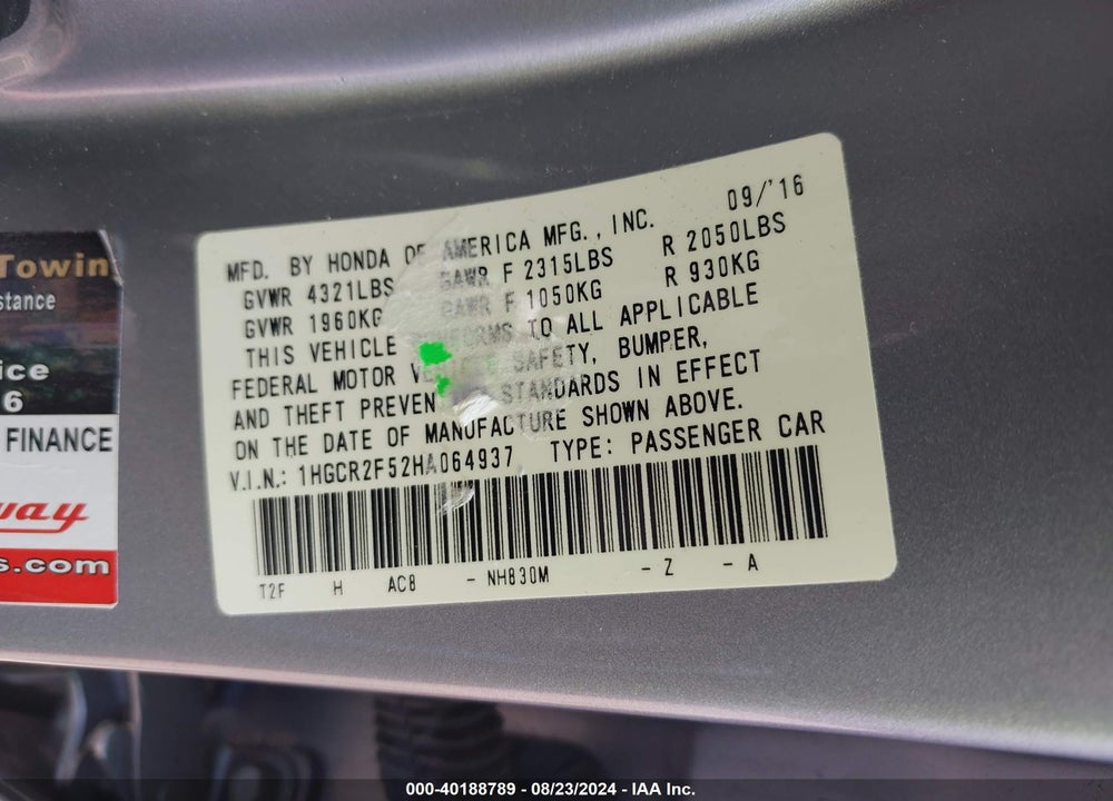 2017 HONDA ACCORD SPORT VIN: 1HGCR2F52HA064937