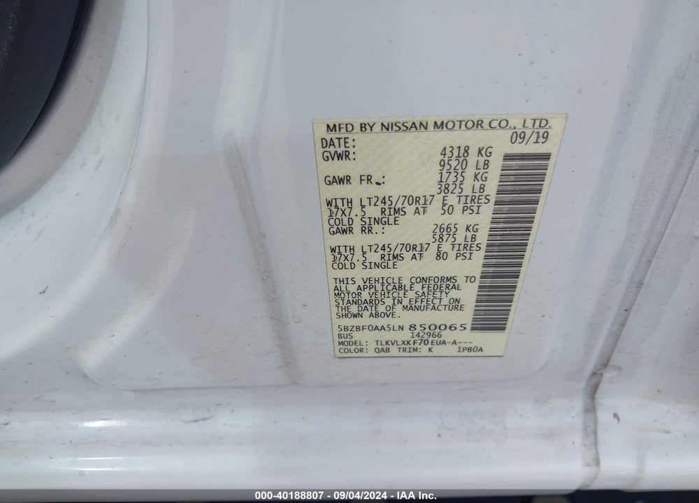 2020 NISSAN NV PASSENGER NV3500 HD SV VIN: 5BZBF0AA5LN850065