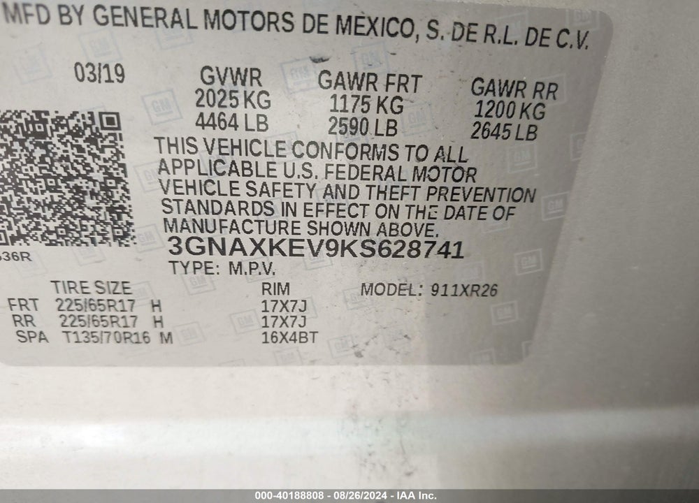 2019 CHEVROLET EQUINOX LT VIN: 3GNAXKEV9KS628741