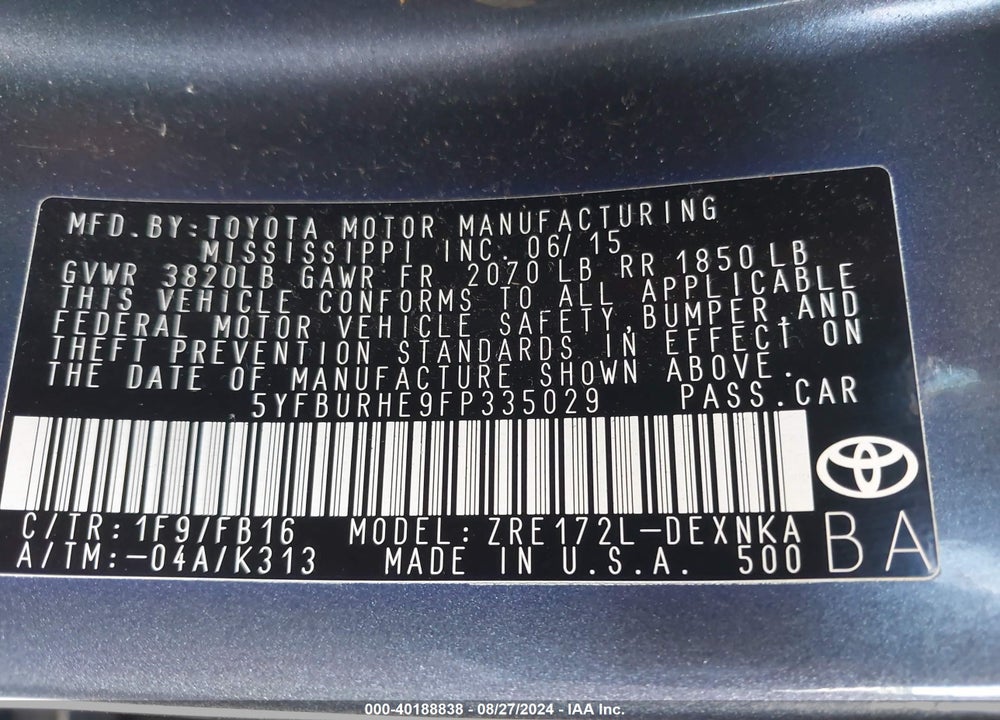 2015 TOYOTA COROLLA LE PLUS VIN: 5YFBURHE9FP335029