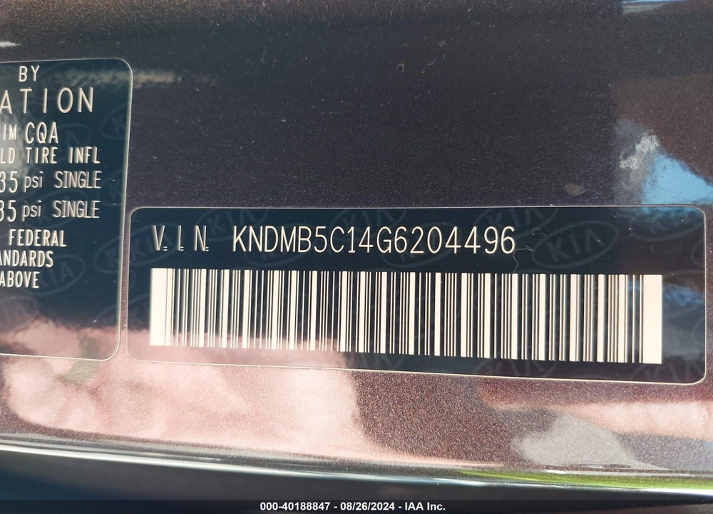 2016 KIA SEDONA LX VIN: KNDMB5C14G6204496