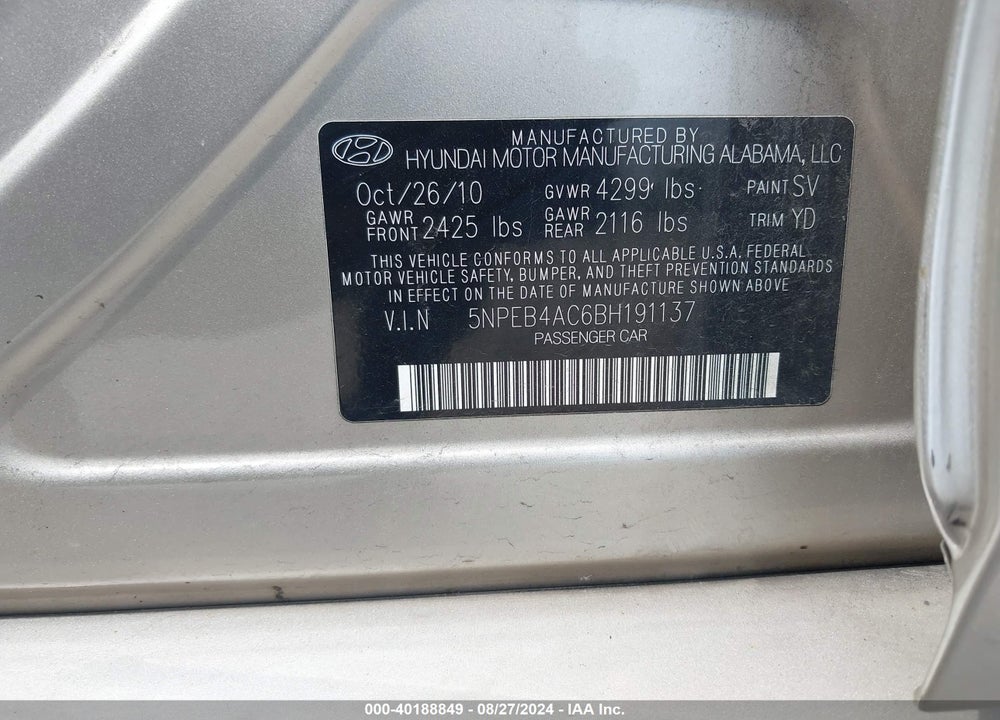 2011 HYUNDAI SONATA VIN: 5NPEB4AC6BH191137