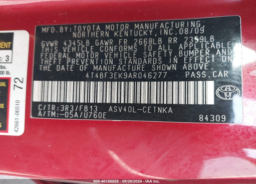 2010 TOYOTA CAMRY LE VIN: 4T4BF3EK9AR046277