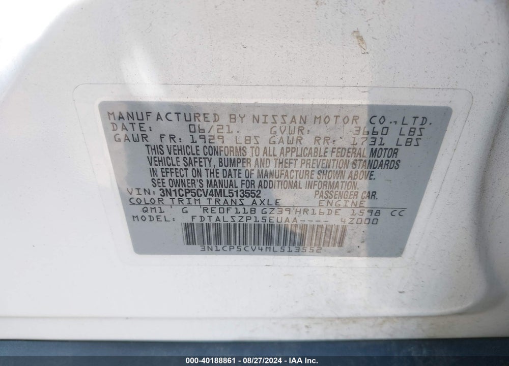 2021 NISSAN KICKS SV XTRONIC CVT VIN: 3N1CP5CV4ML513552