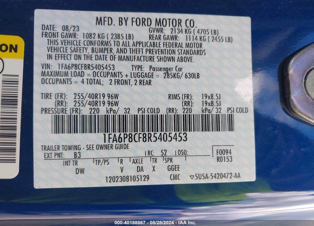 2024 FORD MUSTANG GT FASTBACK VIN: 1FA6P8CF8R5405453