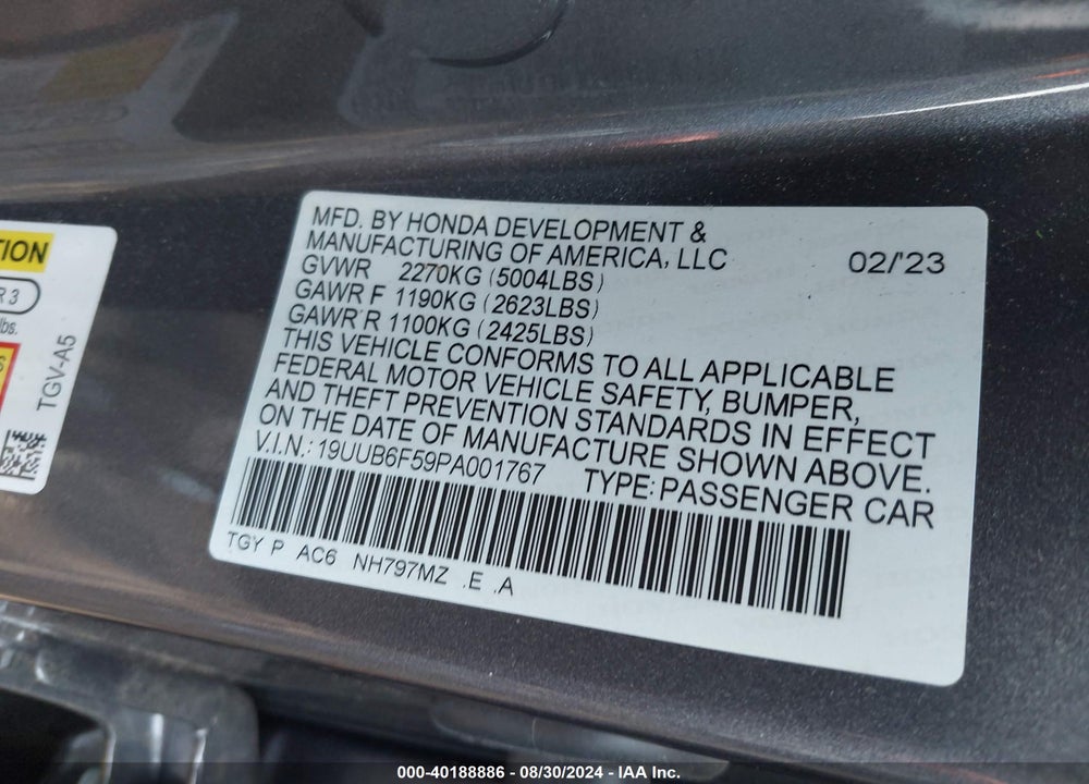 2023 ACURA TLX A-SPEC PACKAGE VIN: 19UUB6F59PA001767